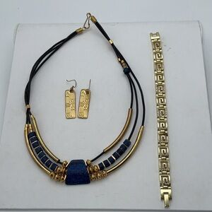 Egyptian style statement costume jewelry necklace bracelet and pierced earrings